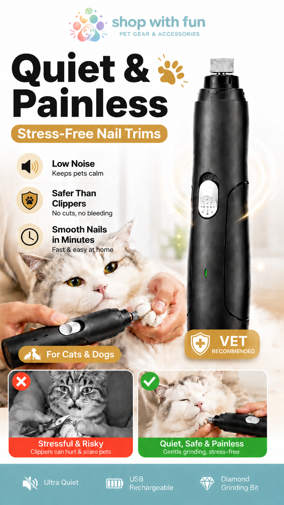 Quiet painless pet nail grinder for cats and dogs, safer than clippers for stress-free nail trims at home