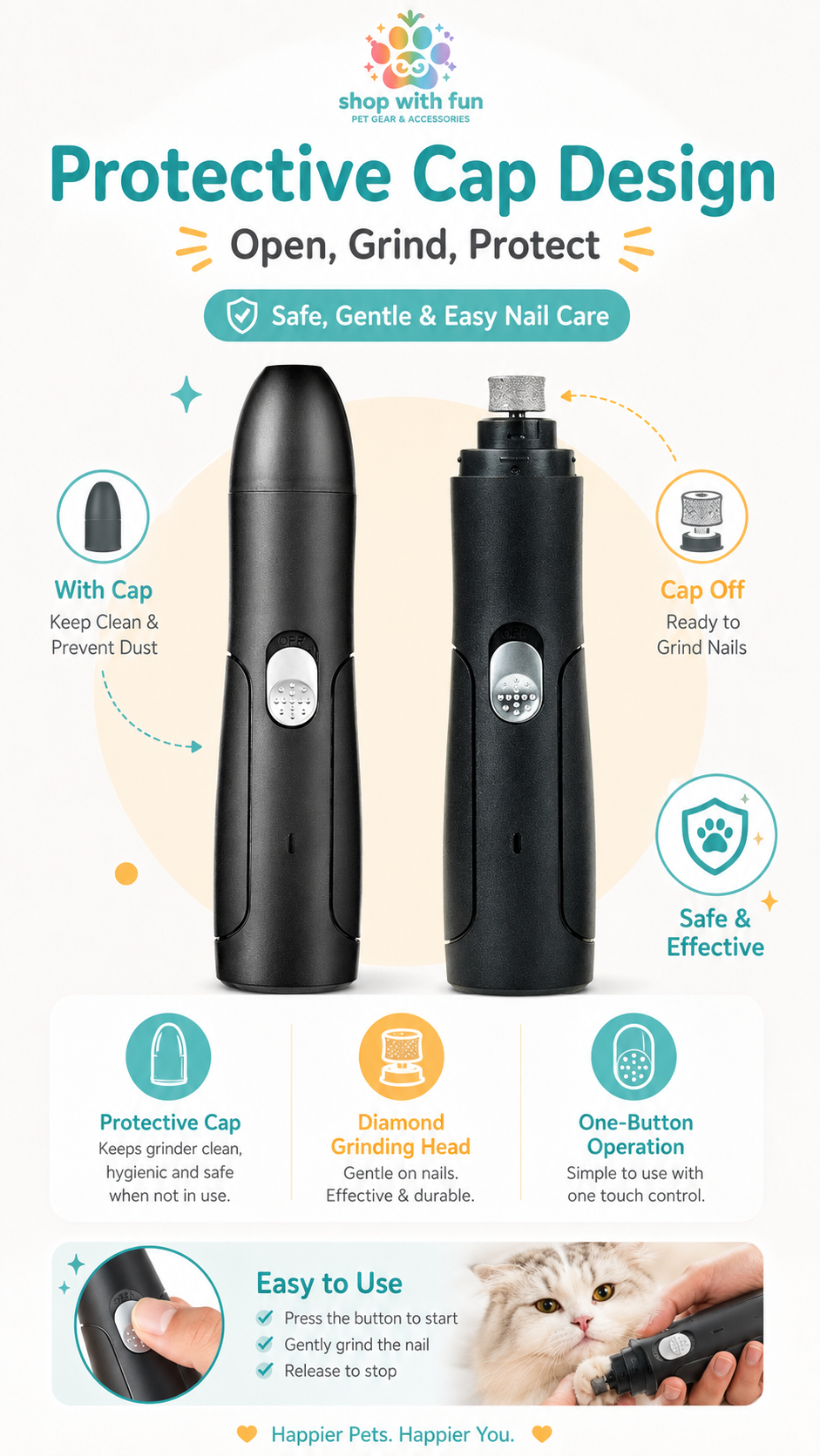 Pet nail grinder with protective cap design, diamond grinding head, and one-button operation for safe, gentle, and easy nail care