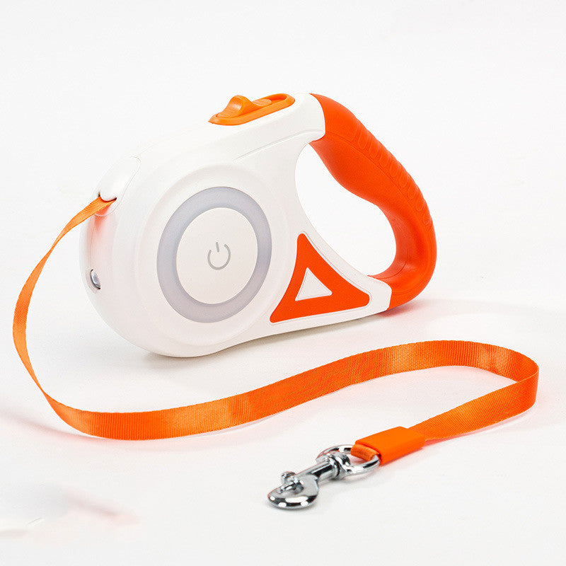 Illuminated retractable dog leash with built-in flashlight for night walks - Orange 