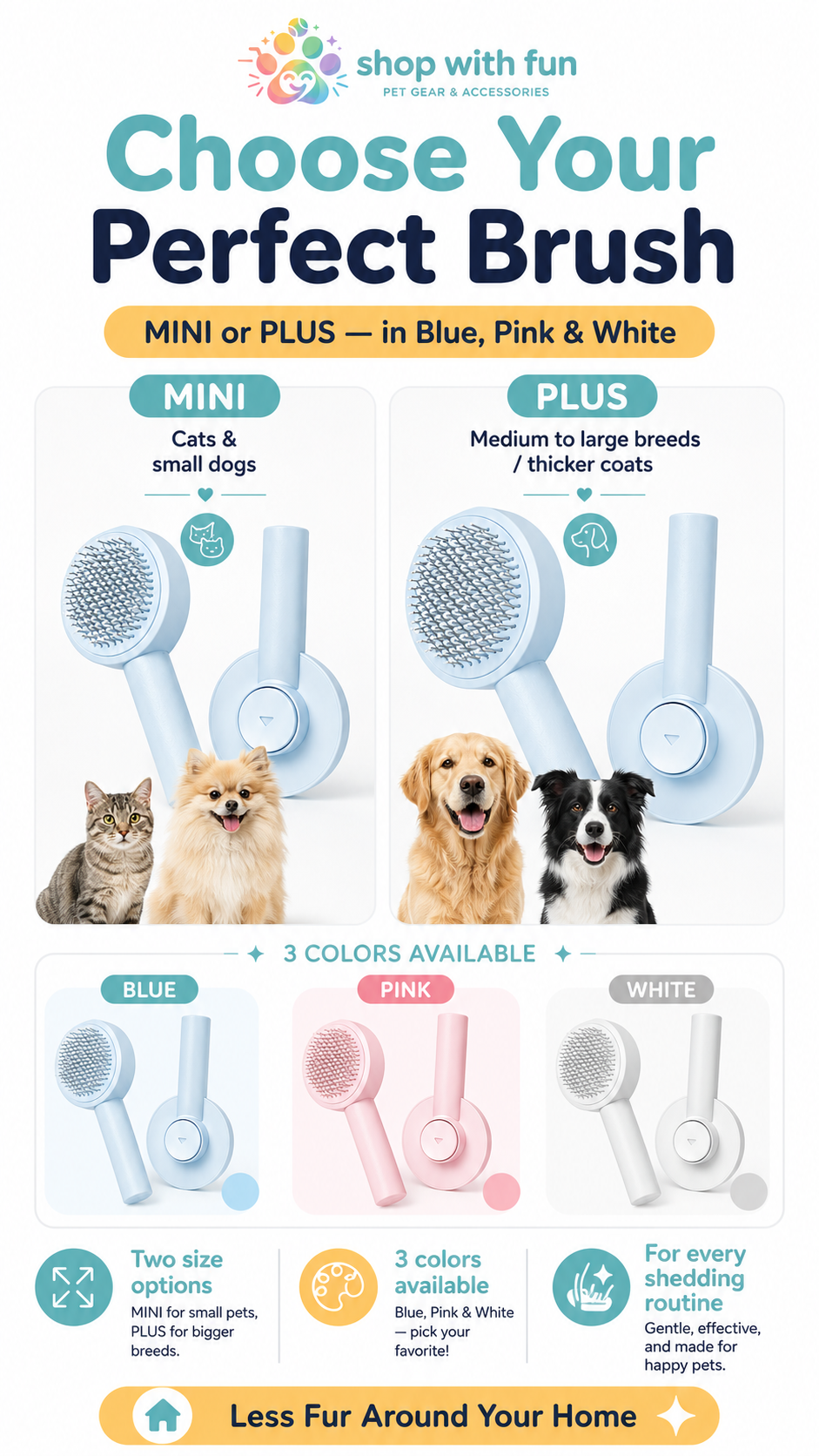 Self-cleaning pet brush available in MINI and PLUS sizes with blue, pink, and white color options for cats, small dogs, and larger breeds