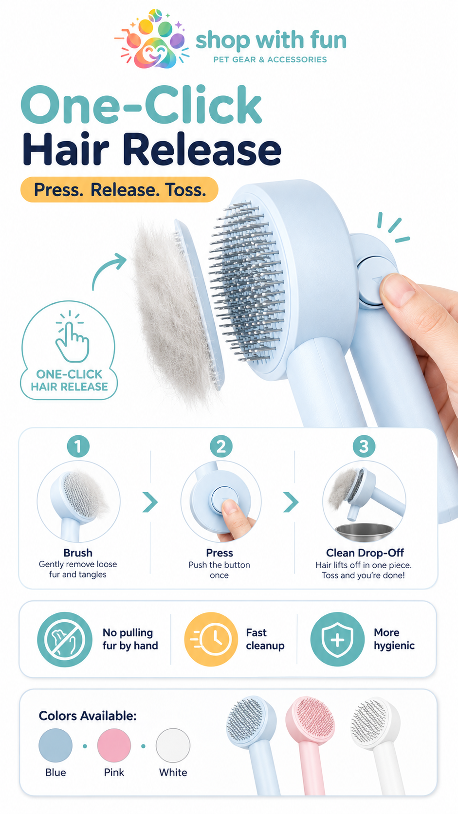 Self-cleaning pet grooming brush with one-click hair release, showing loose fur lifting off easily for fast and hygienic cleanup