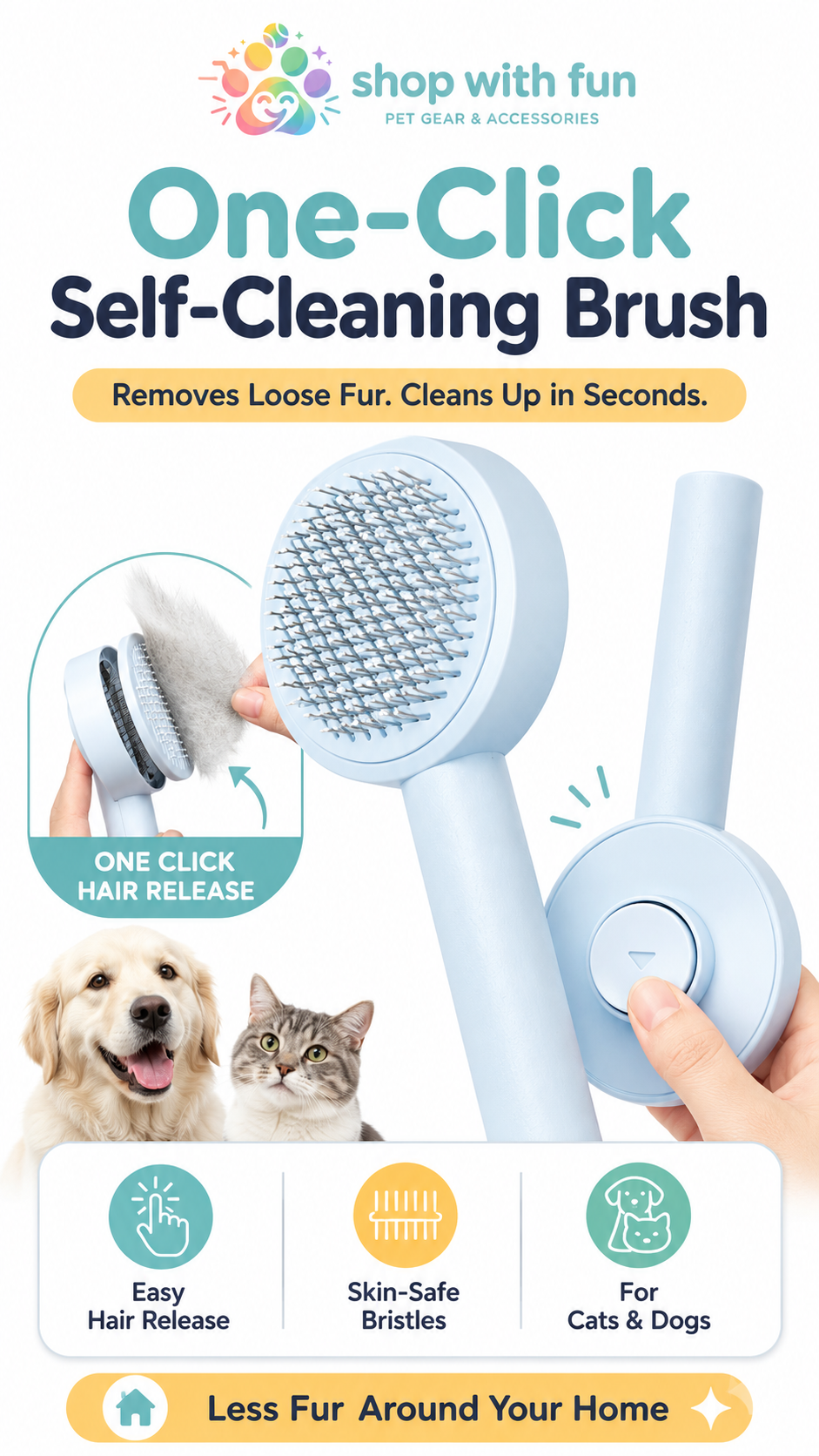 One-click self-cleaning pet brush for cats and dogs, designed to remove loose fur, clean up quickly, and reduce pet hair around the home
