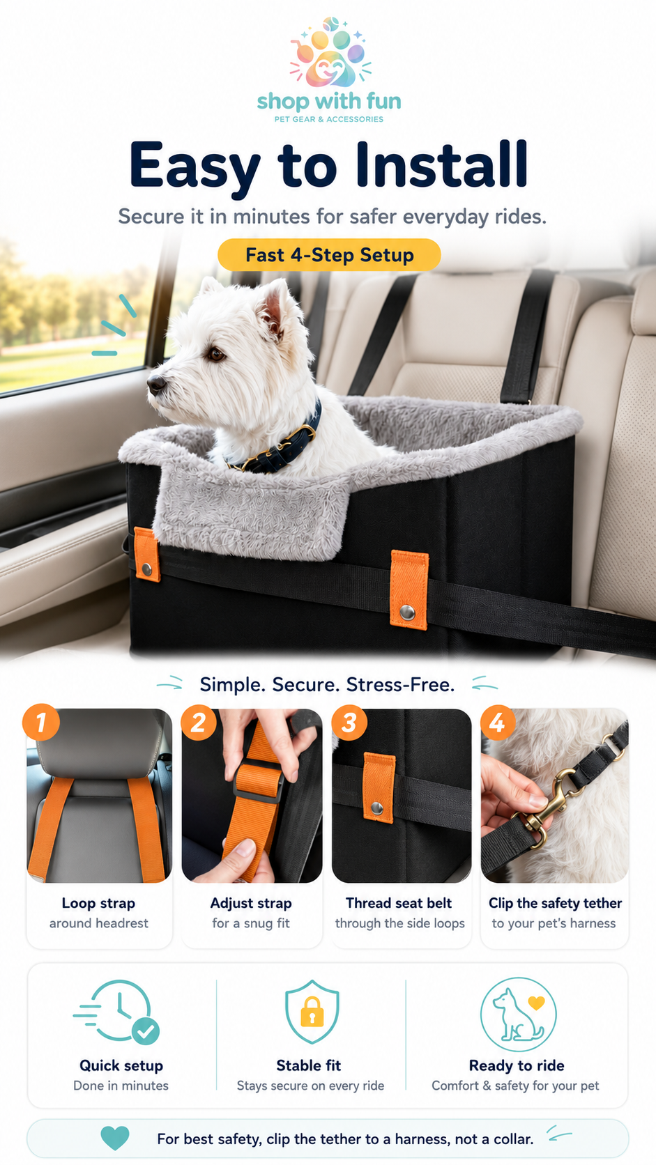 Small dog car booster seat installation guide showing fast 4-step setup with headrest strap, adjustable fit, seat belt threading, and safety tether clip