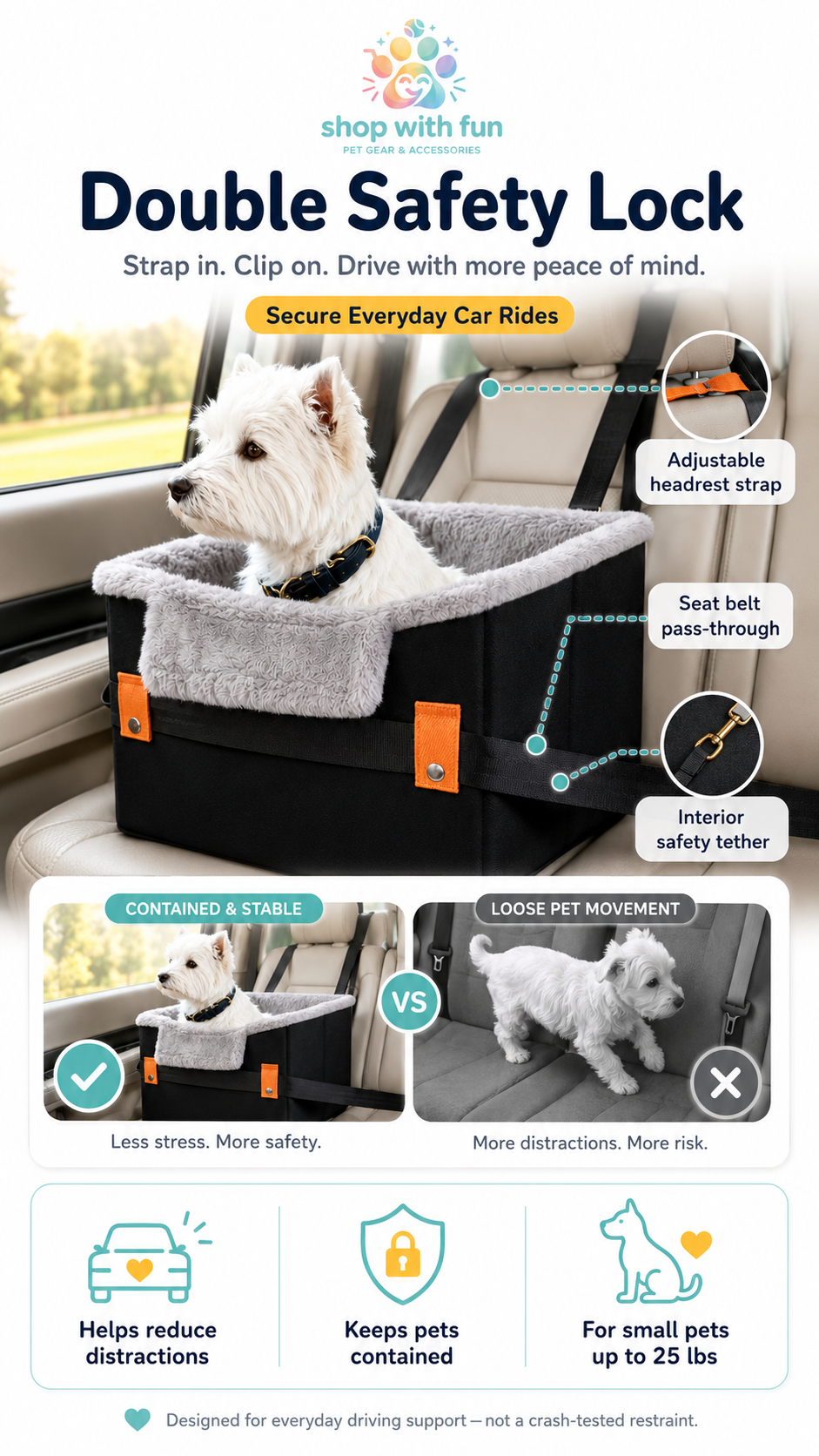 Small dog booster seat with double safety lock system, showing adjustable headrest strap, seat belt pass-through, and interior safety tether for secure everyday car rides