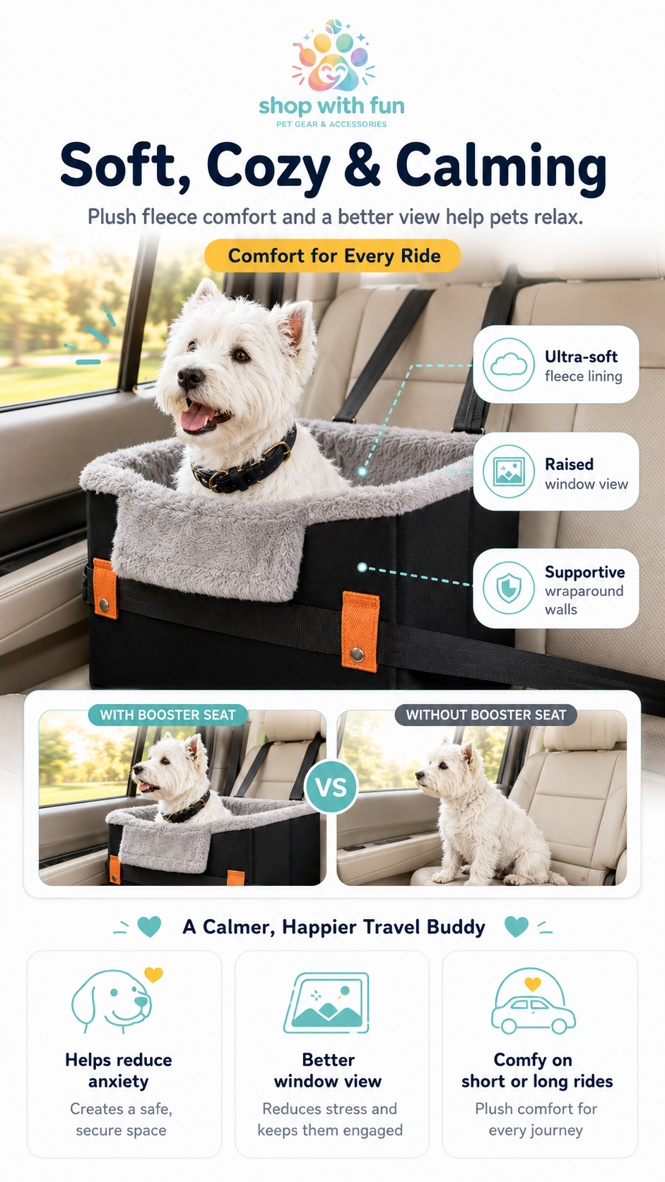 Cozy dog car booster seat with ultra-soft fleece lining, supportive wraparound walls, and raised window view to help reduce anxiety and keep pets comfortable during car rides