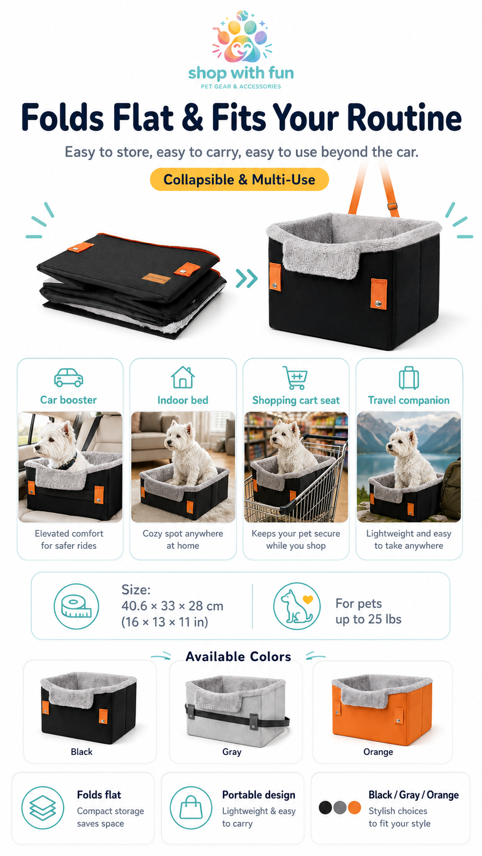 Collapsible small dog car booster seat that folds flat for storage and works as a car booster, indoor pet bed, shopping cart seat, and portable travel companion