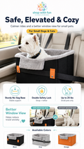 Small dog car booster seat for cats and small dogs, showing an elevated cozy travel seat with sturdy no-sag base, safety straps, and better window view for calmer car rides