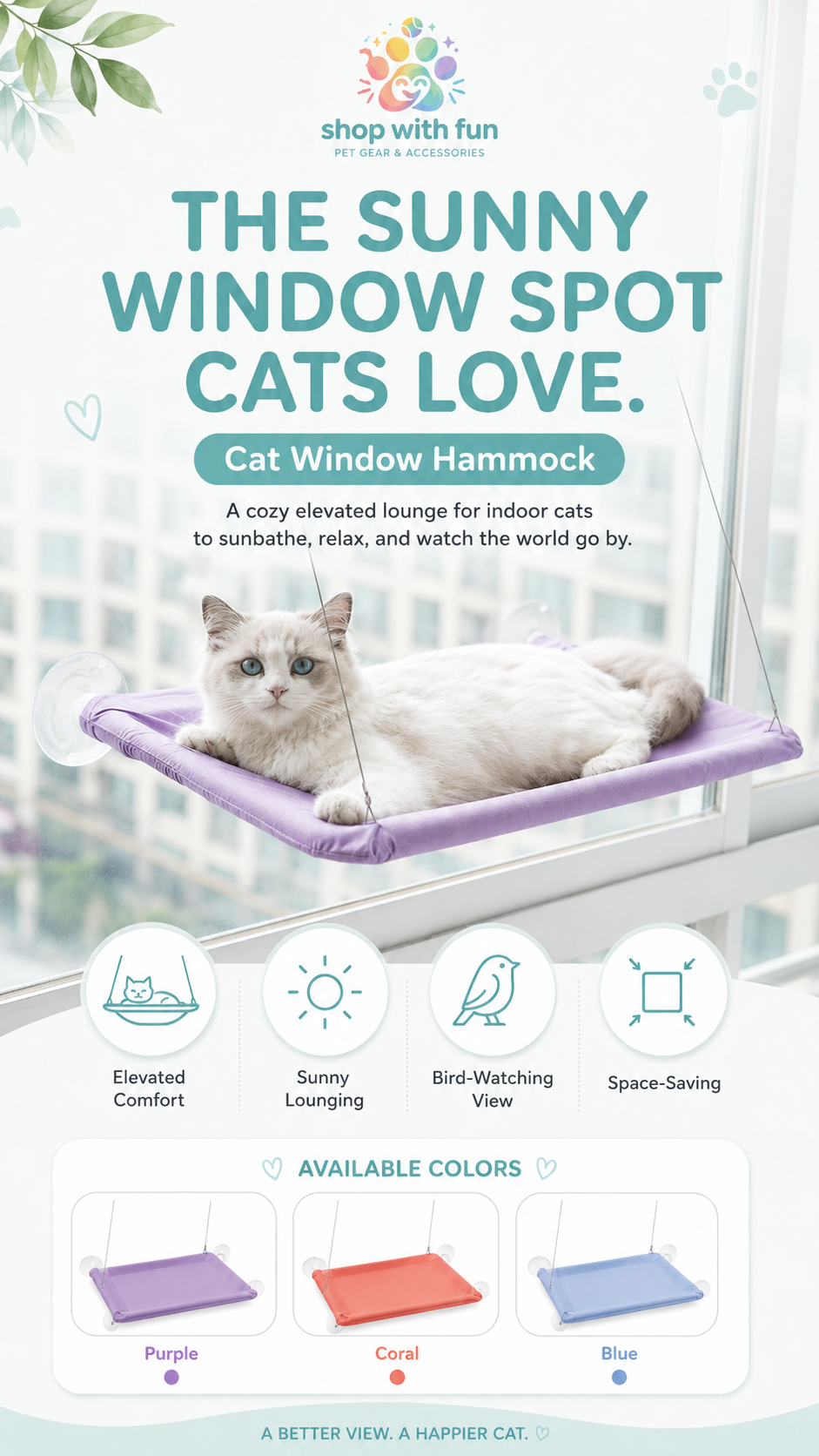 Cat suction cup window hammock with elevated lounging surface, space-saving window-mounted design, easy setup, and cozy indoor cat resting spot