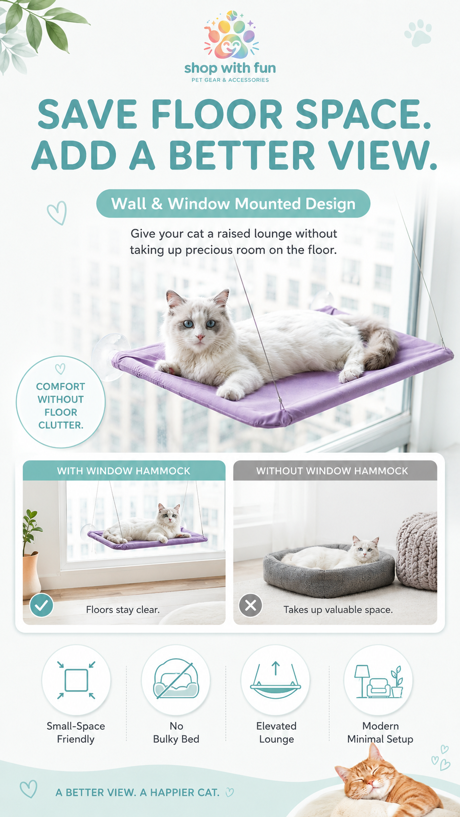 Wall and window mounted cat hammock showing a raised cat lounge that saves floor space compared with bulky cat beds or cat trees
