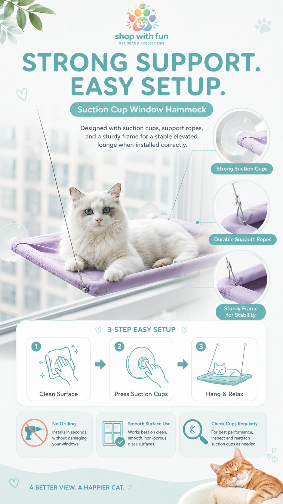 Cat window hammock with suction cups, support ropes, and sturdy frame, designed for stable elevated lounging when installed on clean smooth glass