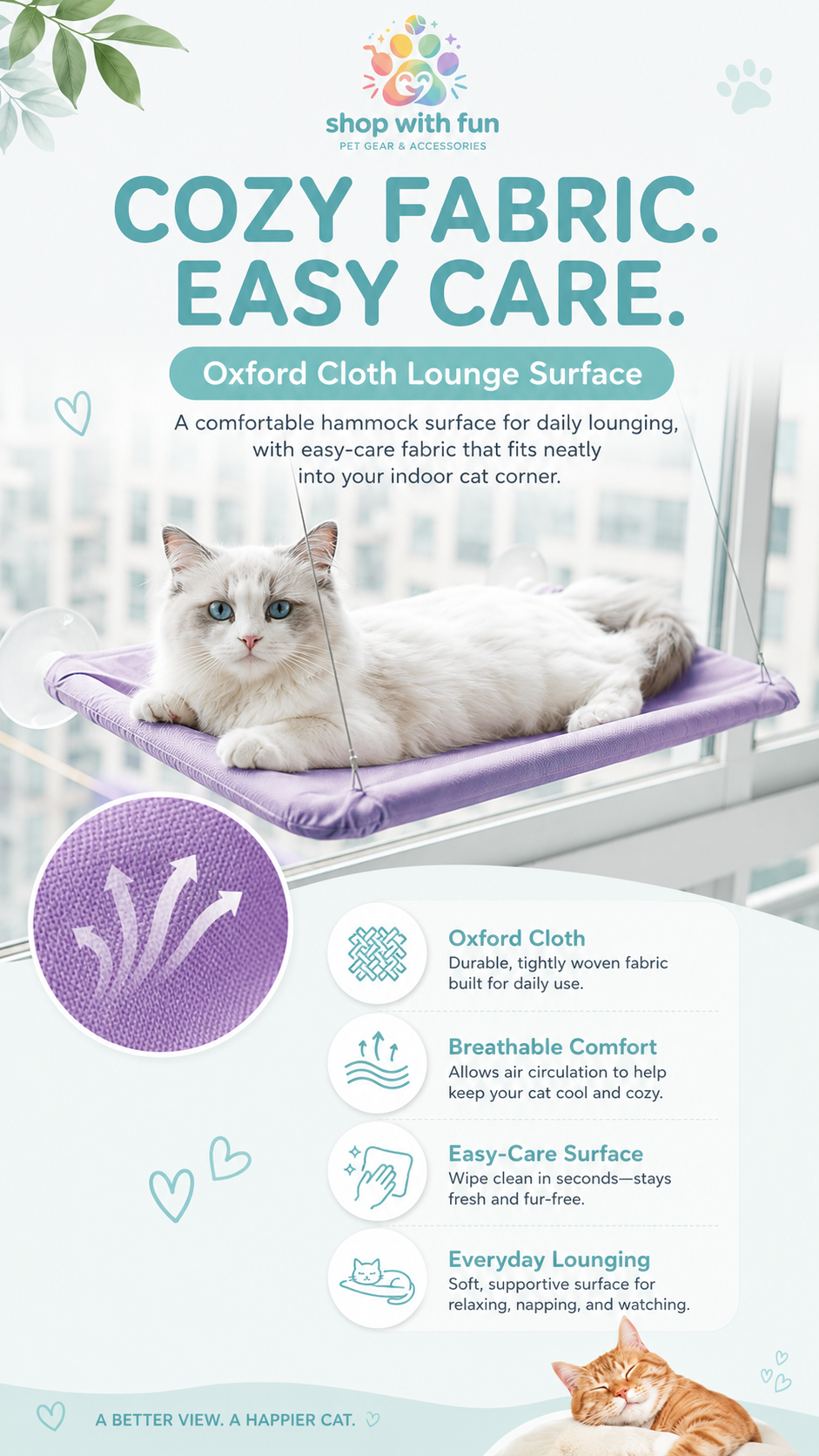 Cat hammock with Oxford cloth lounge surface, breathable fabric, easy-care design, and comfortable elevated resting area for daily indoor cat use