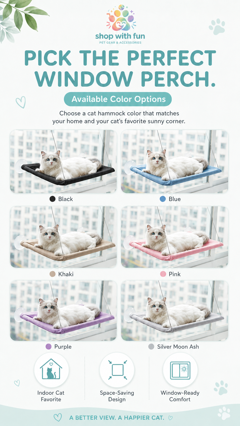 Cat suction cup window hammock available in black, blue, khaki, pink, purple, and silver moon ash color options for indoor cat window perches