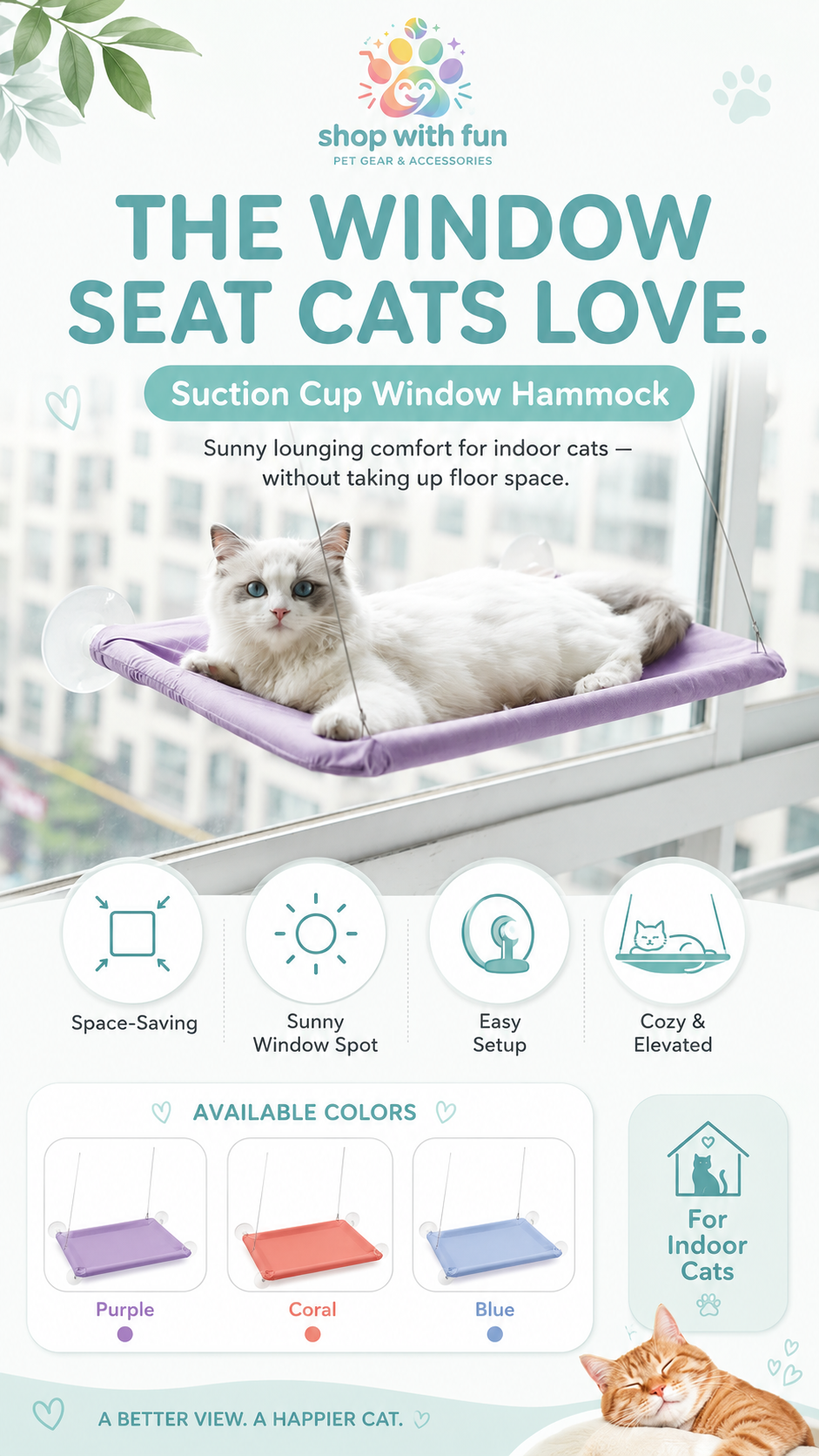 Cat relaxing on suction cup window hammock, creating a sunny elevated lounge for indoor cats to rest, sunbathe, and watch outside
