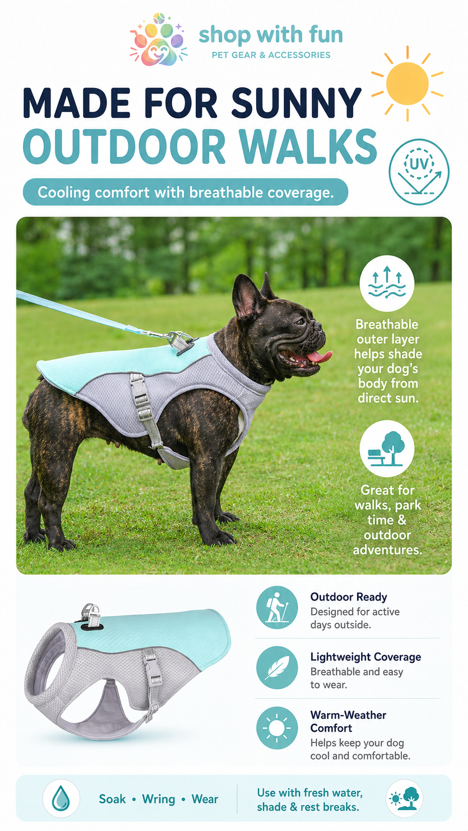 Dog wearing a cooling vest outdoors in sunny weather, showing breathable coverage and lightweight comfort for walks, hikes, and summer adventures