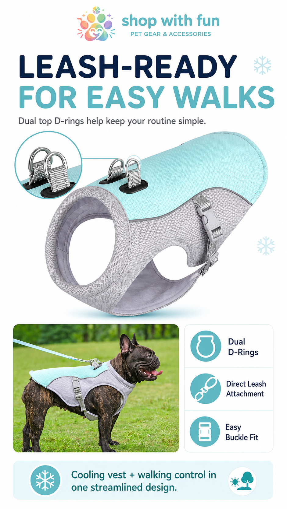 Dog cooling vest with dual top D-rings for direct leash attachment, easy buckle fit, and lightweight cooling comfort for everyday walking