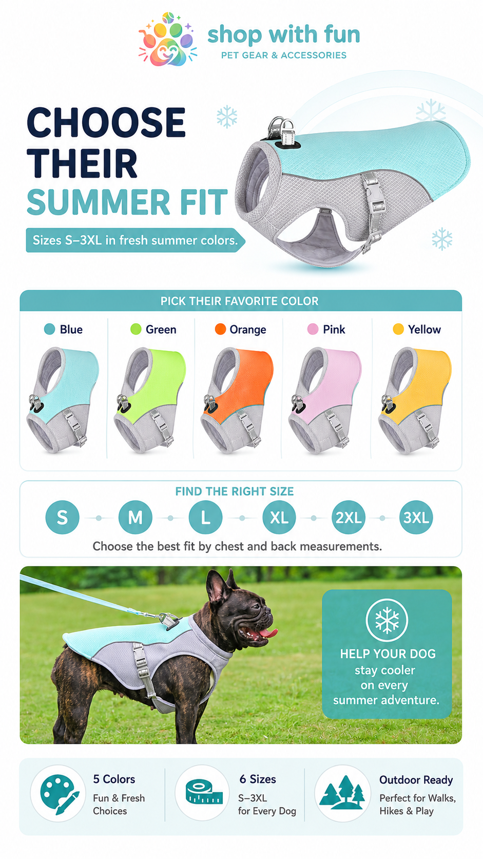 Dog cooling vest available in blue, green, orange, pink, and yellow, with sizes S to 3XL for different dog breeds and summer activities