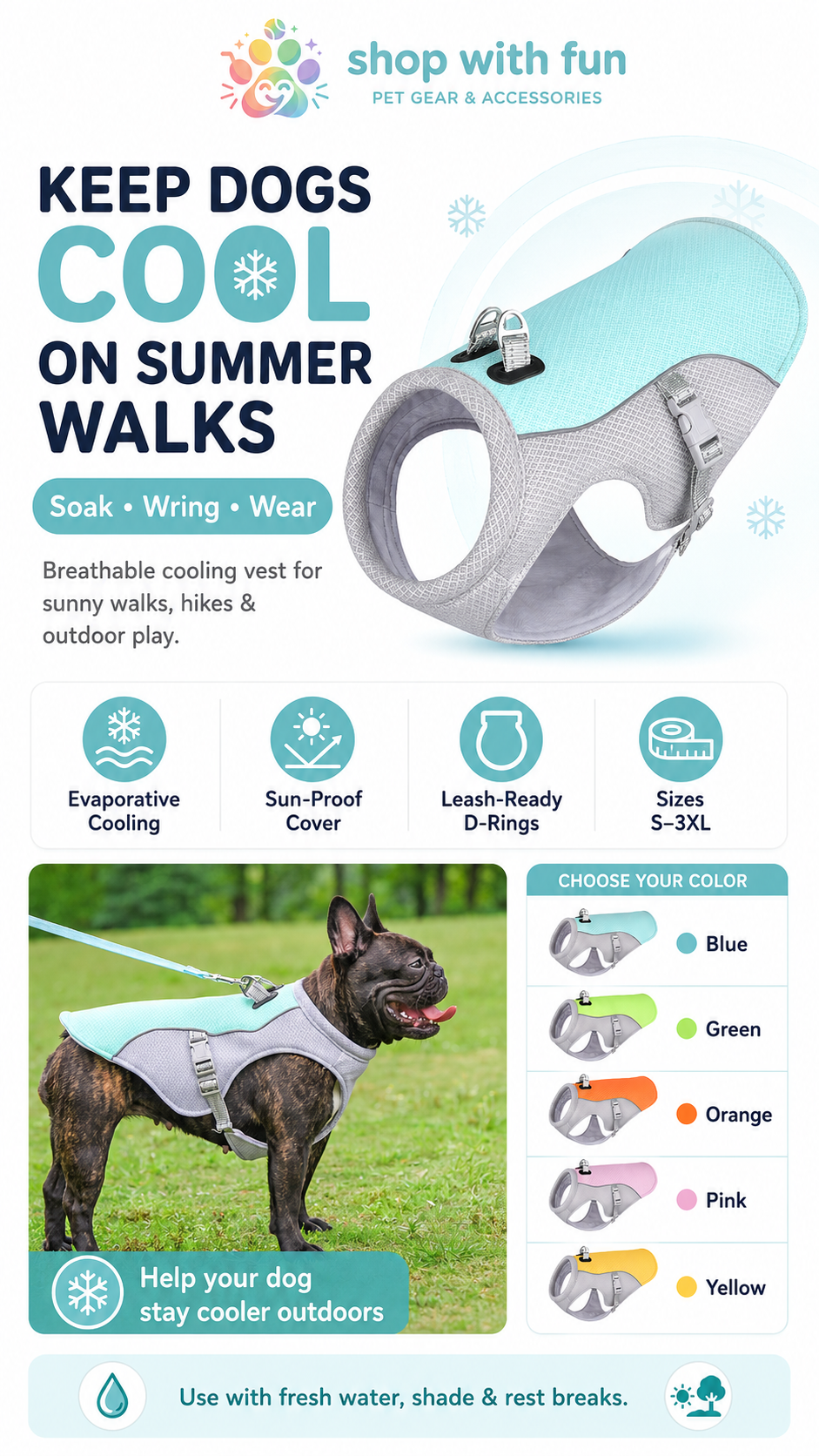 Summer dog cooling vest with evaporative cooling design, breathable mesh comfort, dual D-rings for leash attachment, and colorful size options for hot-weather walks