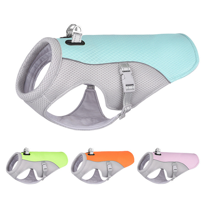 Water-activated dog cooling vest for warm-weather walks and outdoor comfort