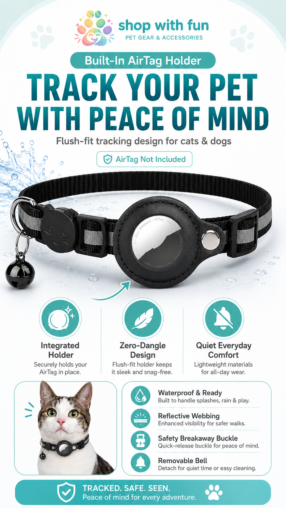 Waterproof reflective pet collar with built-in AirTag holder, flush-fit tracking case, zero-dangle design, quiet comfort, and AirTag not included notice