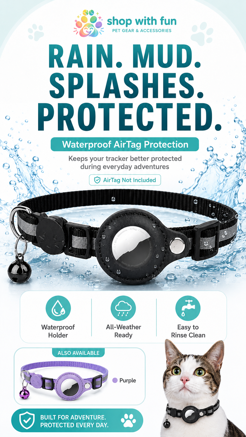 Waterproof AirTag pet collar designed to protect the tracker from rain, mud, splashes, and everyday outdoor adventures