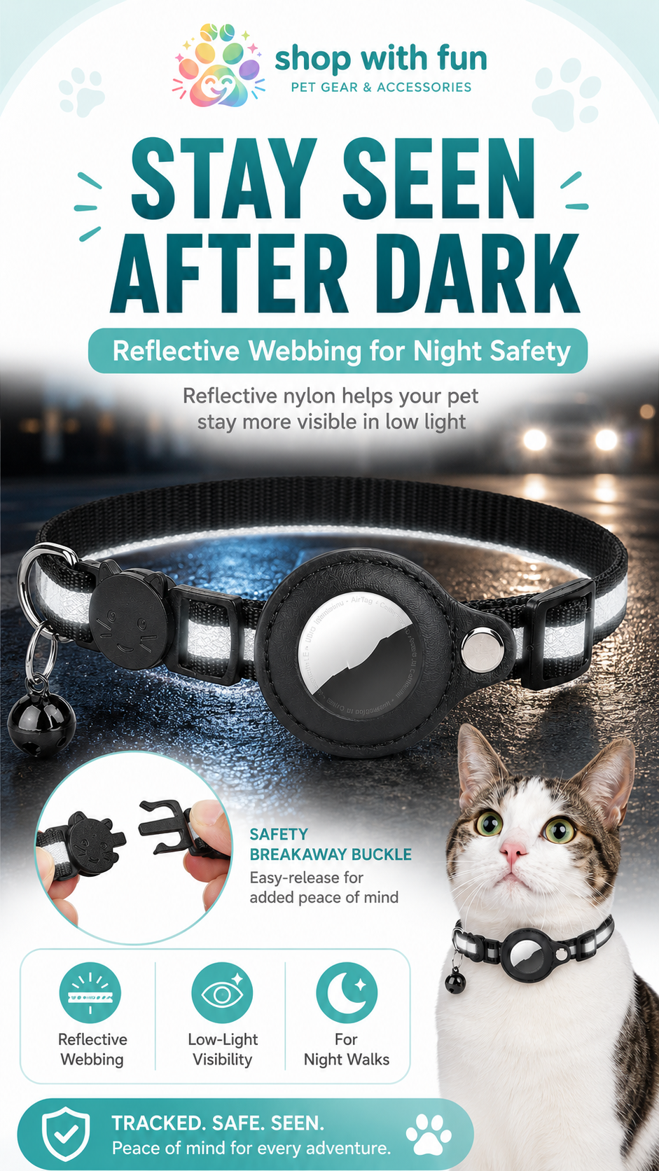 Reflective AirTag pet collar with high-visibility webbing to help cats and dogs stay seen during night walks and low-light outdoor use