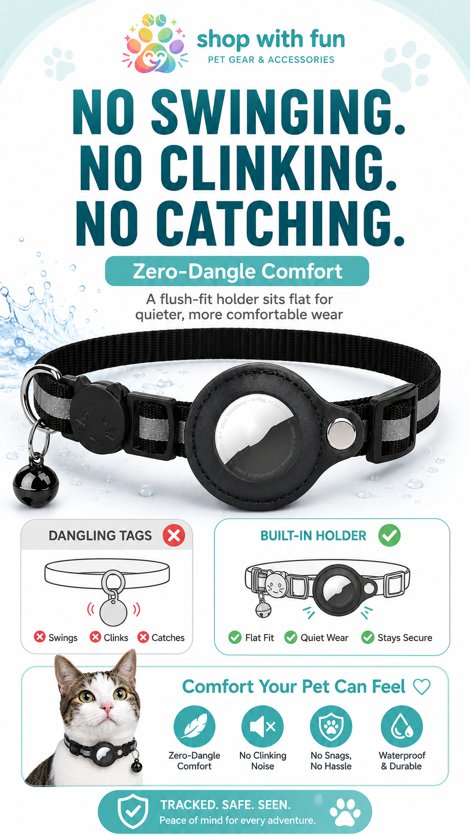 No-dangle AirTag pet collar with flush built-in holder, quiet wear, no clinking noise, and reduced catching or snagging during daily use