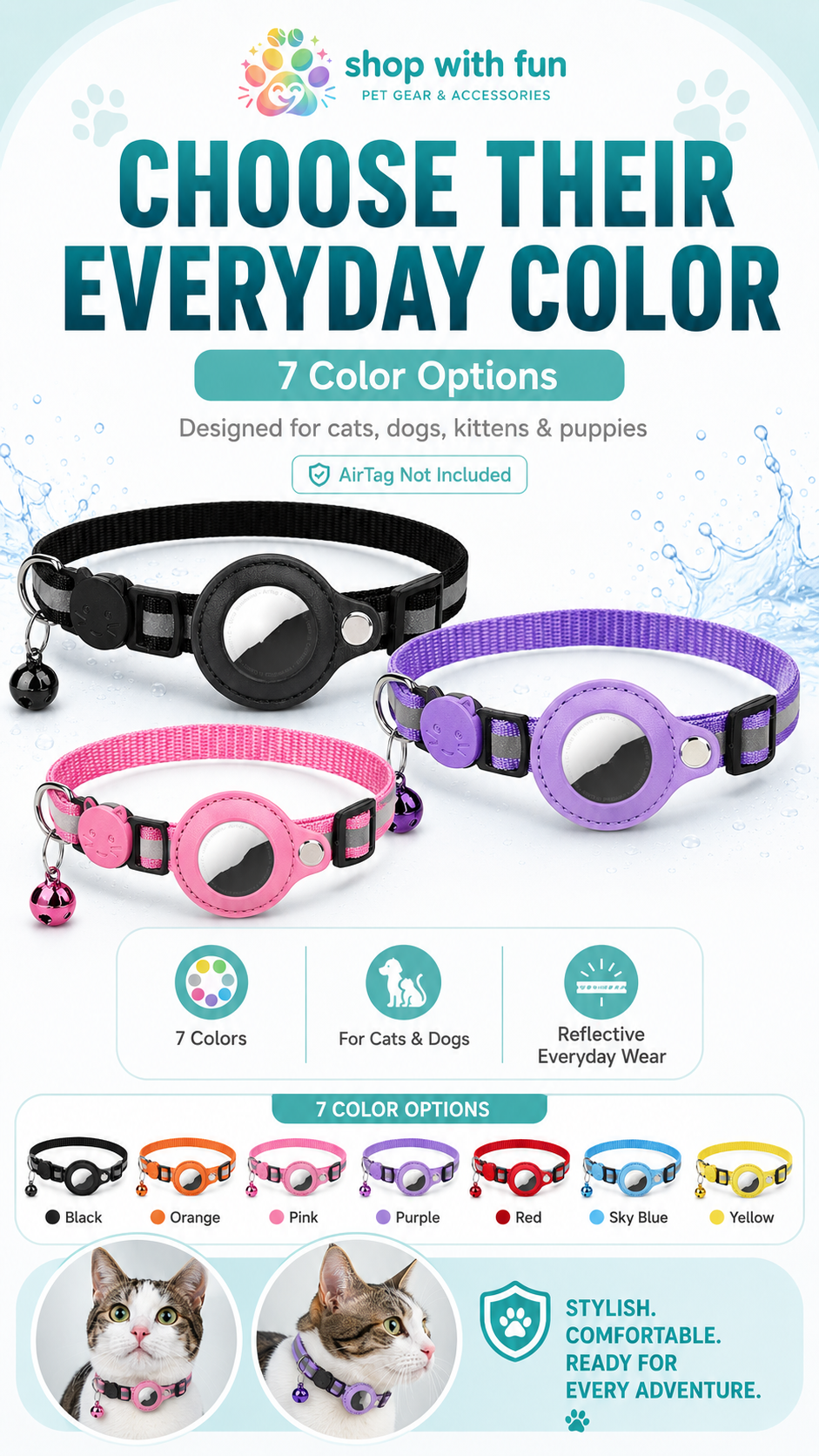 Waterproof reflective AirTag pet collar available in black, orange, pink, purple, red, sky blue, and yellow for cats, dogs, kittens, and puppies
