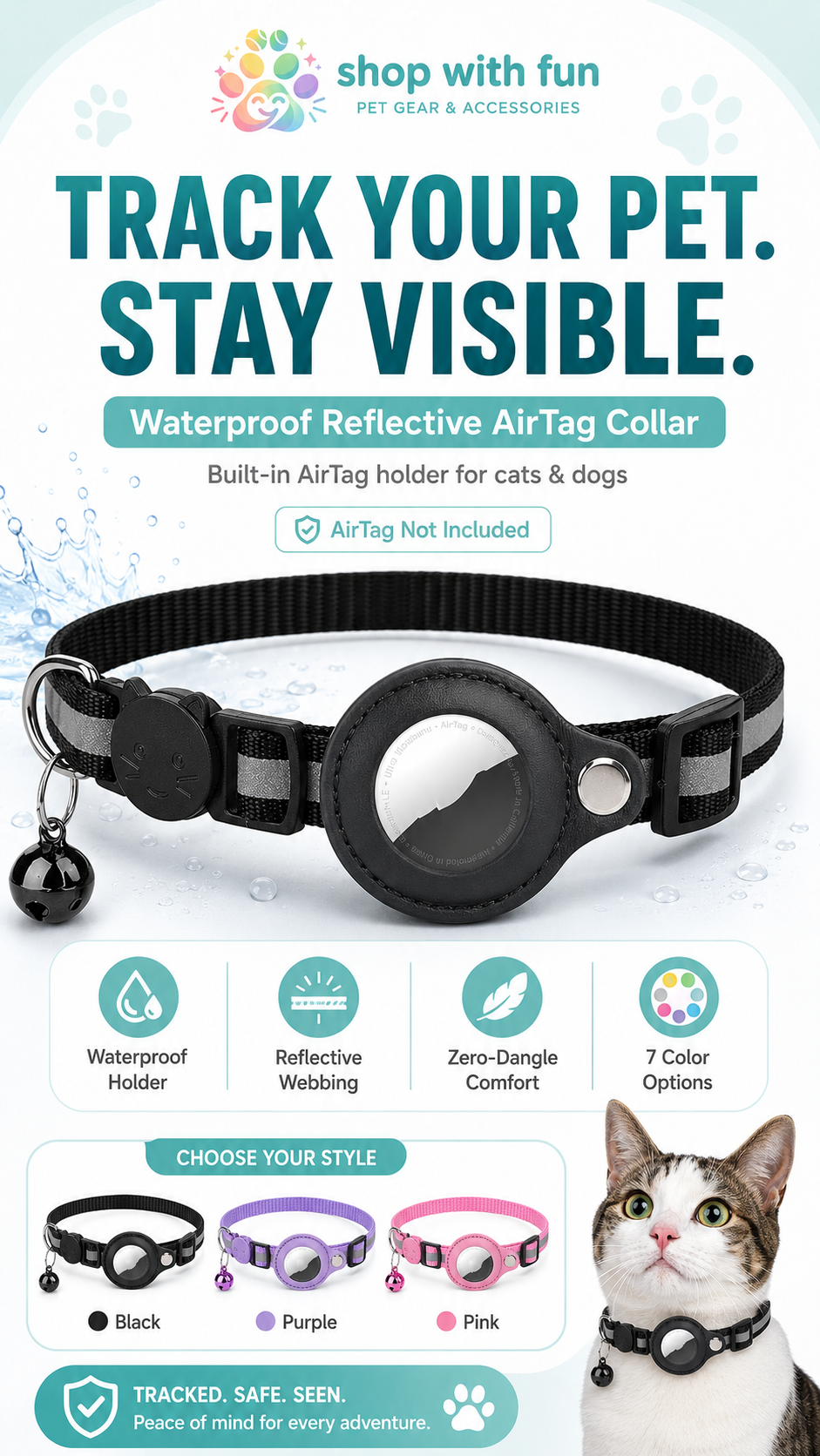 Waterproof reflective AirTag pet collar for cats and dogs with built-in AirTag holder, zero-dangle comfort, reflective webbing, and multiple color options