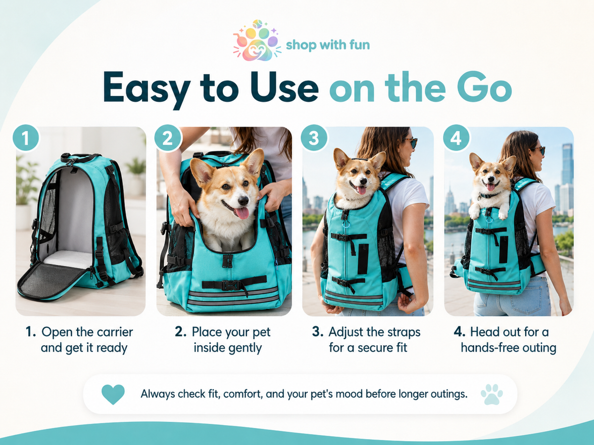 Four-step guide showing how to open the pet backpack, place a dog inside gently, adjust the straps and head out hands-free.
